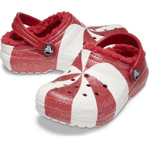 NEW Holiday PEPPERMINT CROCS Kids Red and White Fuzzy Slippers